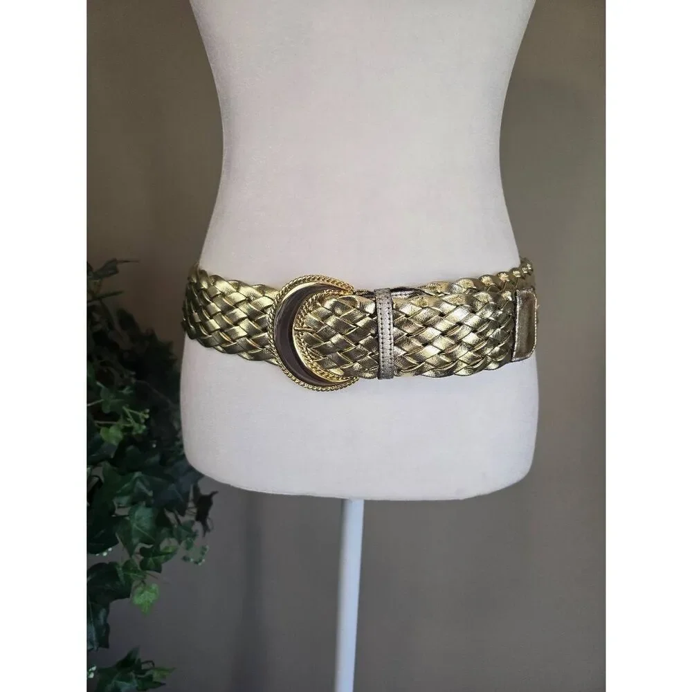 Gold Belt Wide Woven Faux Leather Sz M